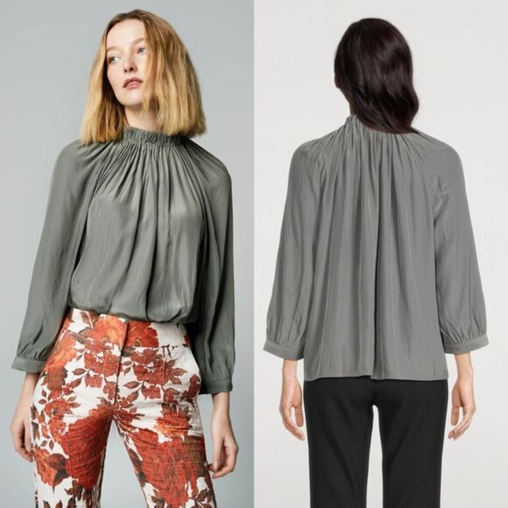 NWT Smythe Long Sleeve Elastic Neck Cascade Blouse Mushroom Size: Medium